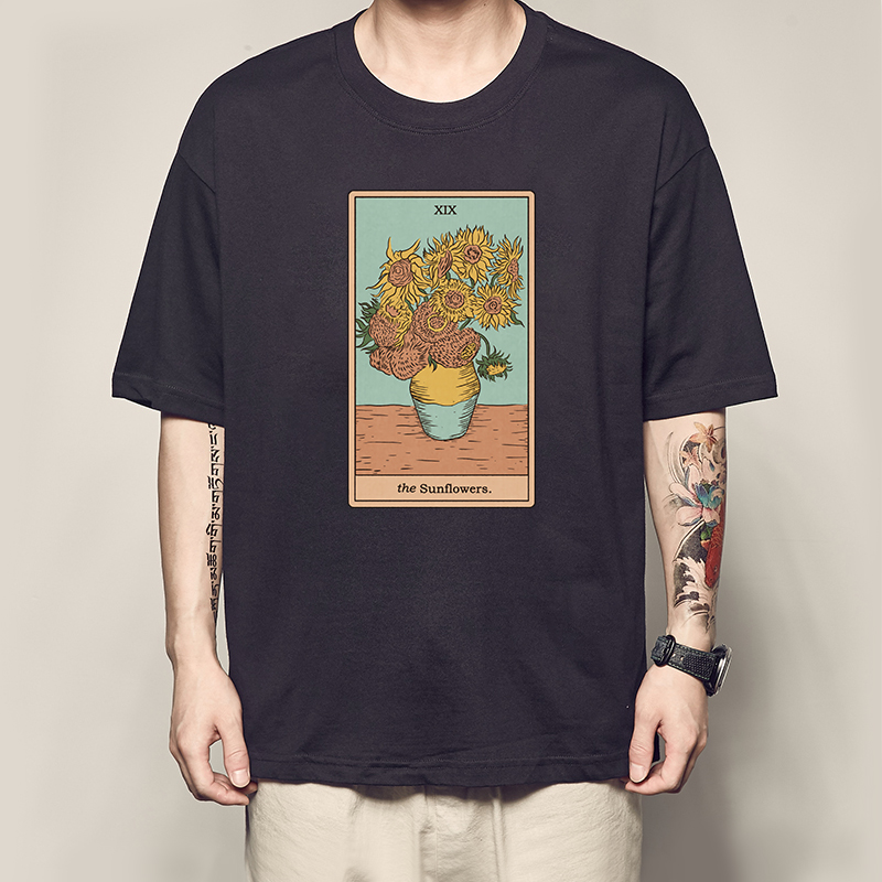 梵高系列t恤向日葵油画联名短袖世界名画van gogh自画像衣服 白色