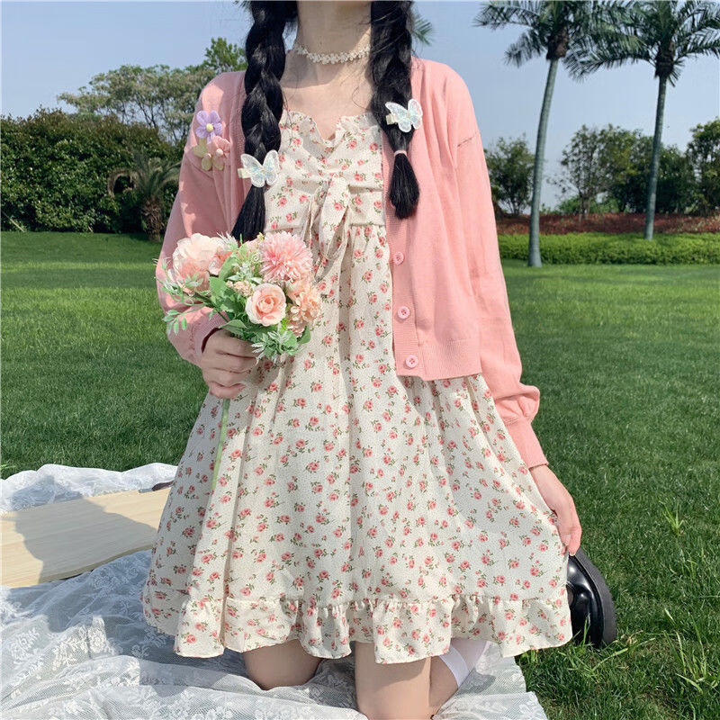 碎花蝴蝶结吊带子少夏季荷叶边法式甜美初恋软妹裙子粉色m建议80100斤