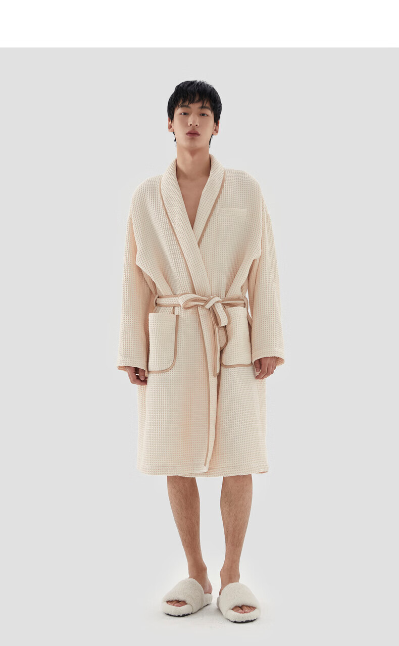 bosie石津川2022年春季新款浴袍男情侣家居服华夫格浴袍 米色-商场同