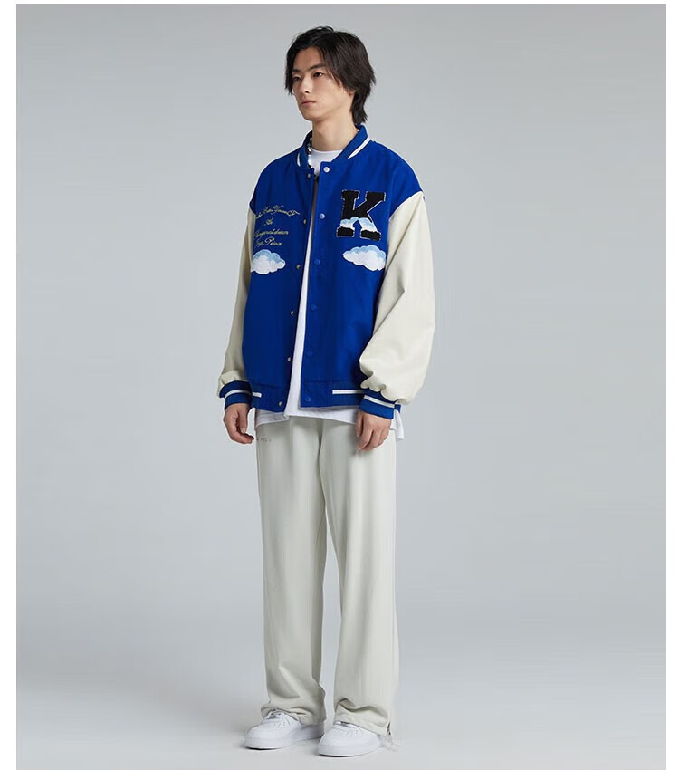 kingprince 外套男潮秋季厚云朵克莱因蓝拼接美式棒球服夹克 蓝色(厚)