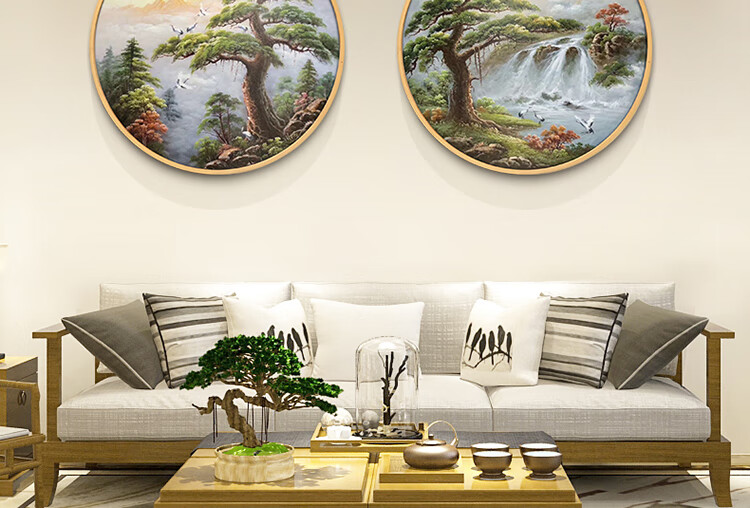 皓涛迎客松圆形风景手绘油画新中式客厅玄关书房装饰画办公室挂画a款