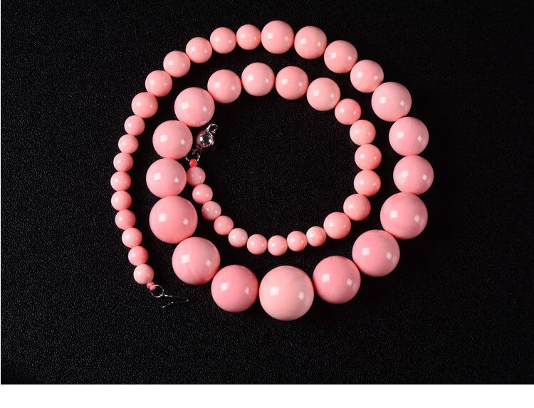 ヘ伴生福マ轻奢高端天然贝壳原矿原色粉珊瑚贝圆珠塔链长链粉珊贝项链