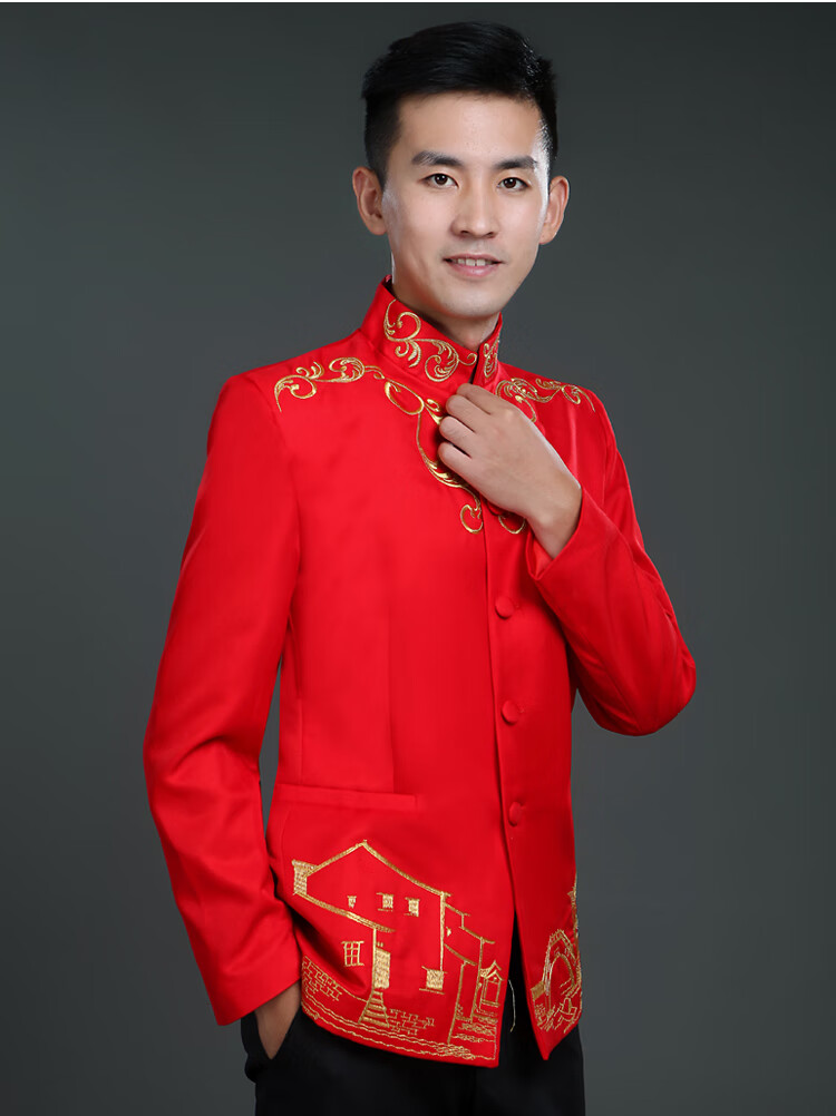 蓝凌风中山装男青年舞台红歌大合唱演出服年会中式主持人歌手表演礼服
