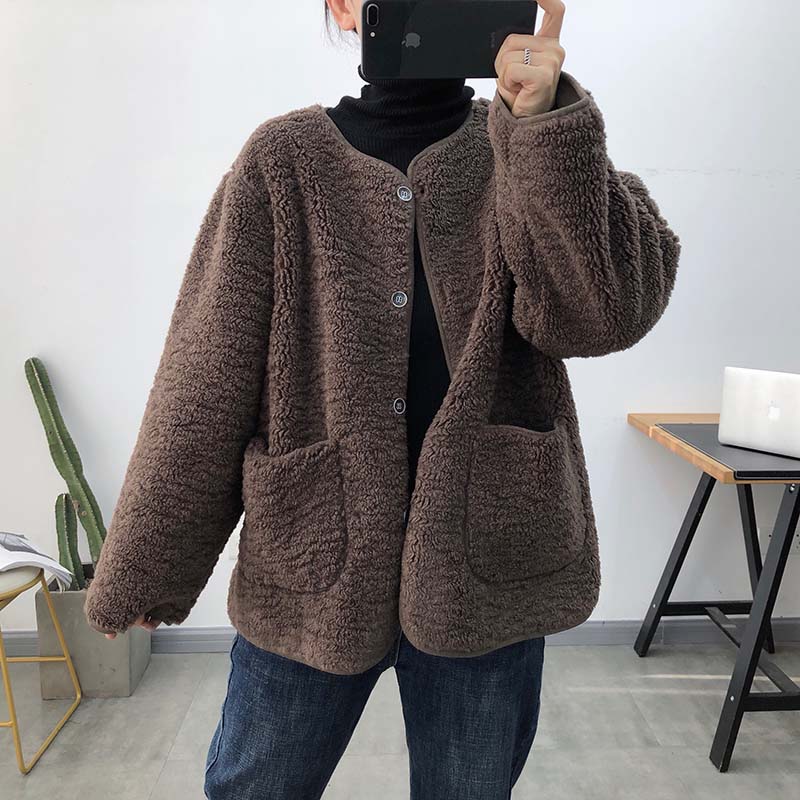 毛外套女冬2021新款秋冬韩版宽松颗粒羊羔绒皮毛一体冬季咖啡色均码