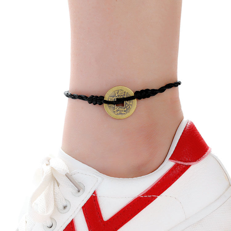 【精选好礼】红绳男女铜钱脚链情侣脚链复古红绳脚环黑绳脚链女脚绳