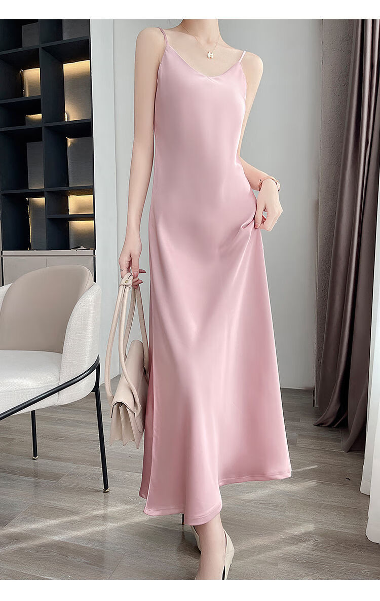 洪瑞柏真丝缎面高气质吊带长裙女桑蚕丝醋酸修身显瘦西装内搭a字