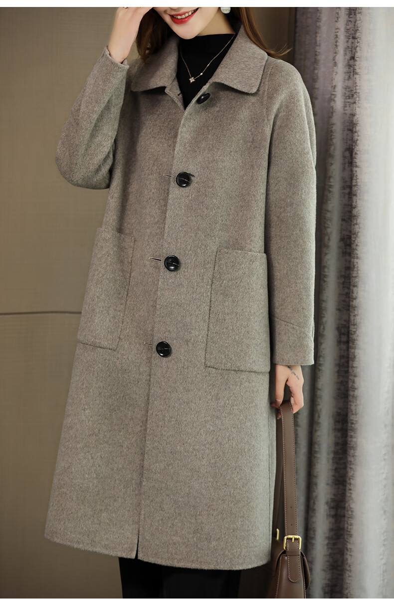 spzm 奶茶色羊毛呢外套2021秋冬新款中长高端韩版宽松零羊绒双面大衣