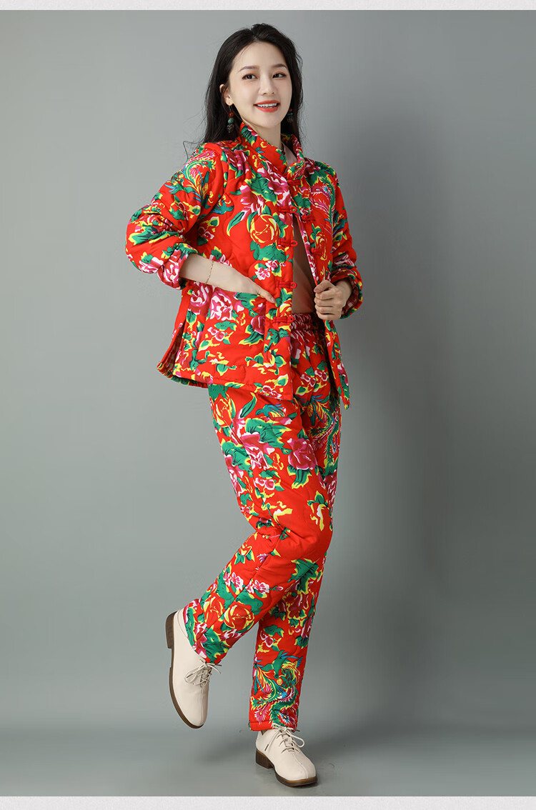 东北大花布衣服棉衣棉裤套装冬加厚盘扣民族风棉袄女冬季棉服外套红色