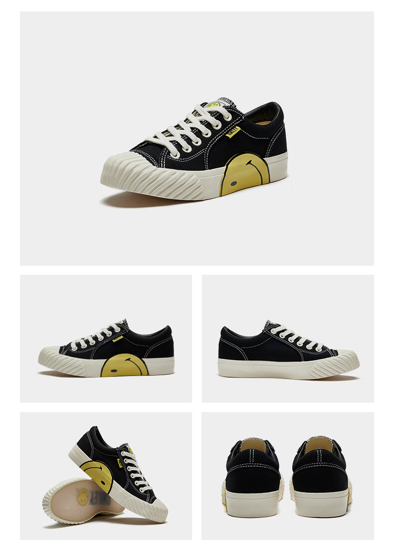 smiley笑脸低帮帆布鞋2021秋季新款男鞋百搭硫化鞋女板鞋情侣鞋潮黑色