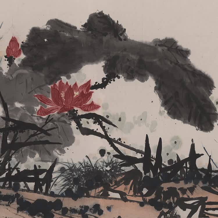 潘天寿映日荷花别样红国画水墨画有框中式客厅办公室背景墙装饰画映日