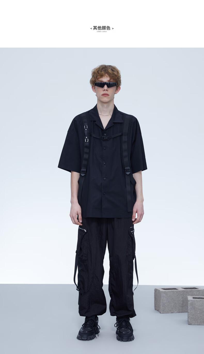 bosie2021年夏季新款背带元素衬衫机能风情侣男衬衣黑色xs