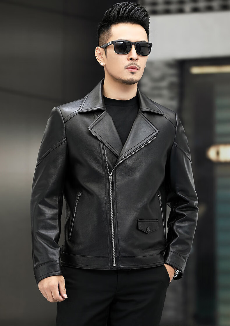 劲霸联名款商务高端海宁产地直批绵羊皮直下摆大码男款拉链翻领皮衣