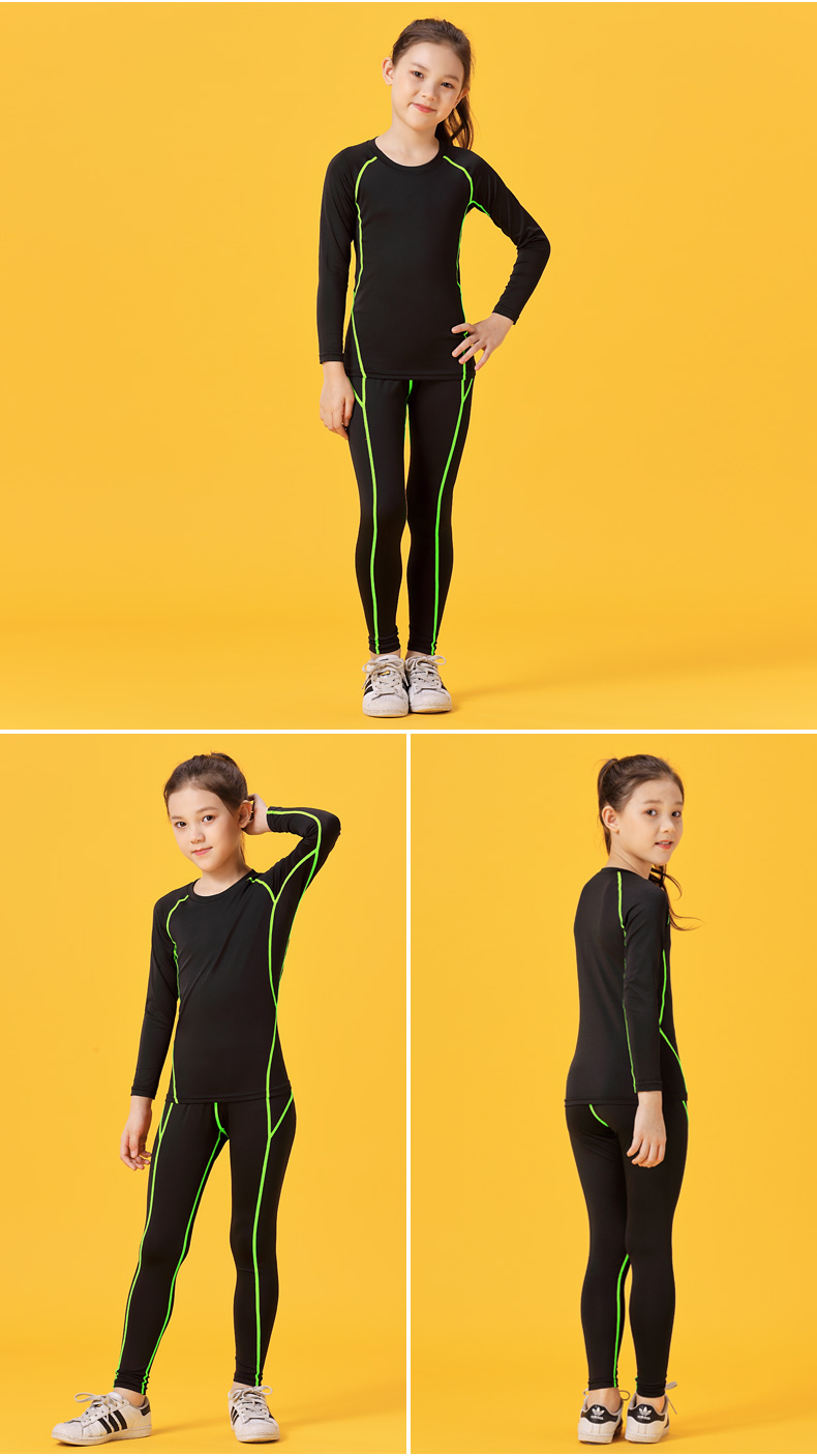 保暖小女孩健身篮球打底运动服拼色黑绿套装春秋装22适合115cm左右