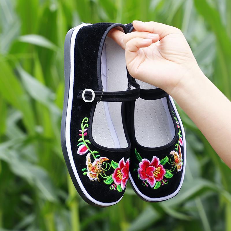 路麦恩老北京女黑布鞋绣花鞋平底千层底工艺大方浅口女士鞋子棉布工作