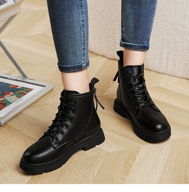 fgacct短靴女2021新款牛皮后拉链女靴休闲百搭靴子女春秋单靴时尚潮流