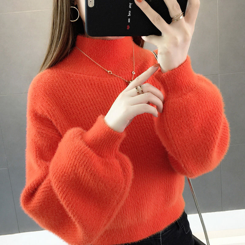 灯笼袖毛衣女秋冬新韩版纯色慵懒风宽松短款针织打底衫女墨绿色xl