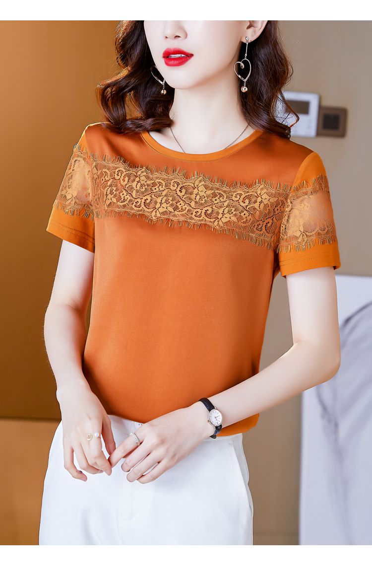 2000年新款夏季桑蚕丝刺绣镂空圆领上衣修身薄款蕾丝显瘦半袖名品天成