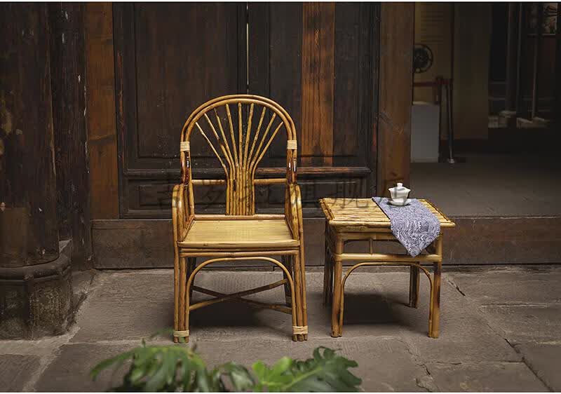 新中式茶桌椅竹椅子凳子靠背椅手工老式竹编家用茶几小竹凳编织 水竹