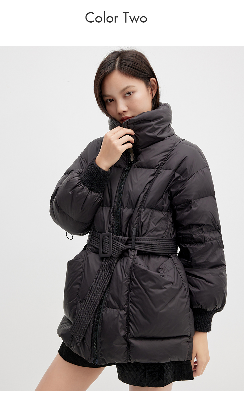 商场同款艾诺丝雅诗2021冬装新品立领系带收腰简约中长款女羽绒服外套