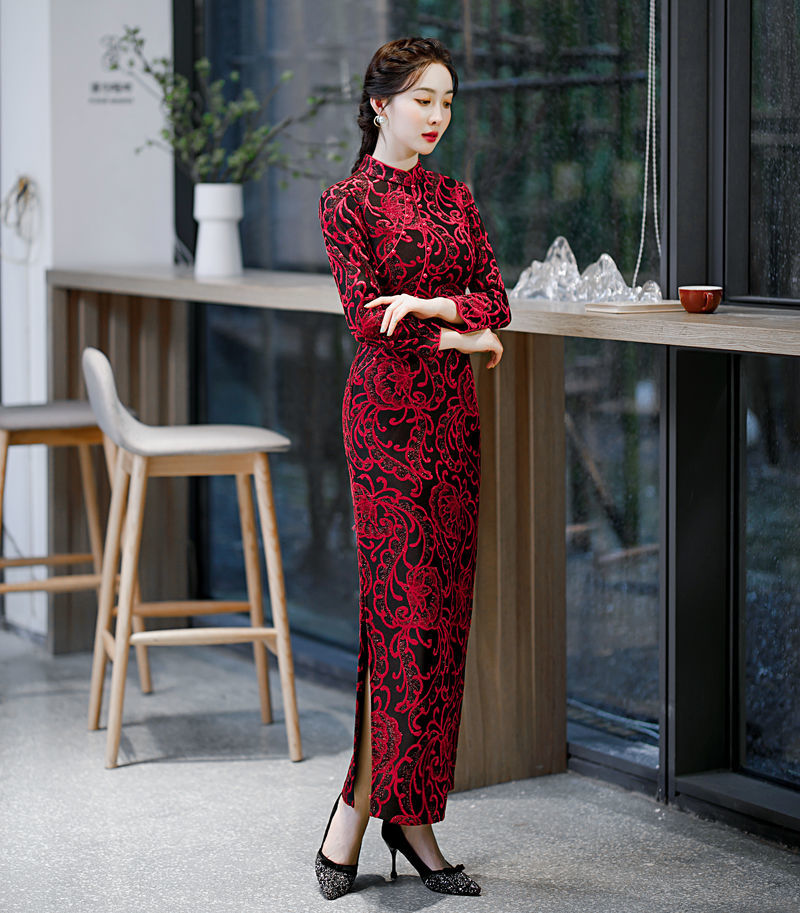 富贵鸟品牌女装钉珠长袖高档旗袍连衣裙春秋款2021新款中国风气质修身