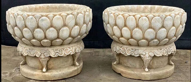 仿古石雕花盆汉白玉旧石缸古盆室内会所养鱼盆室外庭院石头盆摆件k款