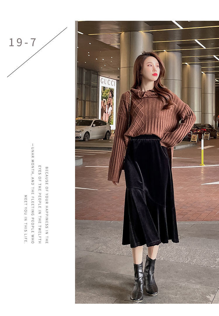 金丝绒半身裙黑色长裙20秋冬季高腰阔腿a字复古显瘦中长款鱼尾裙常规