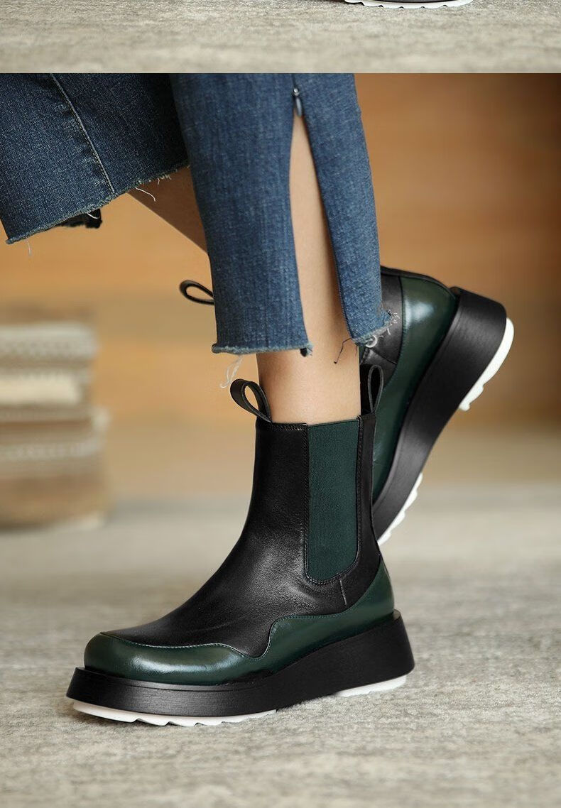 烟管靴英伦烟筒靴拼色圆头切尔西短靴女厚底增高烟囱靴时尚复古马丁