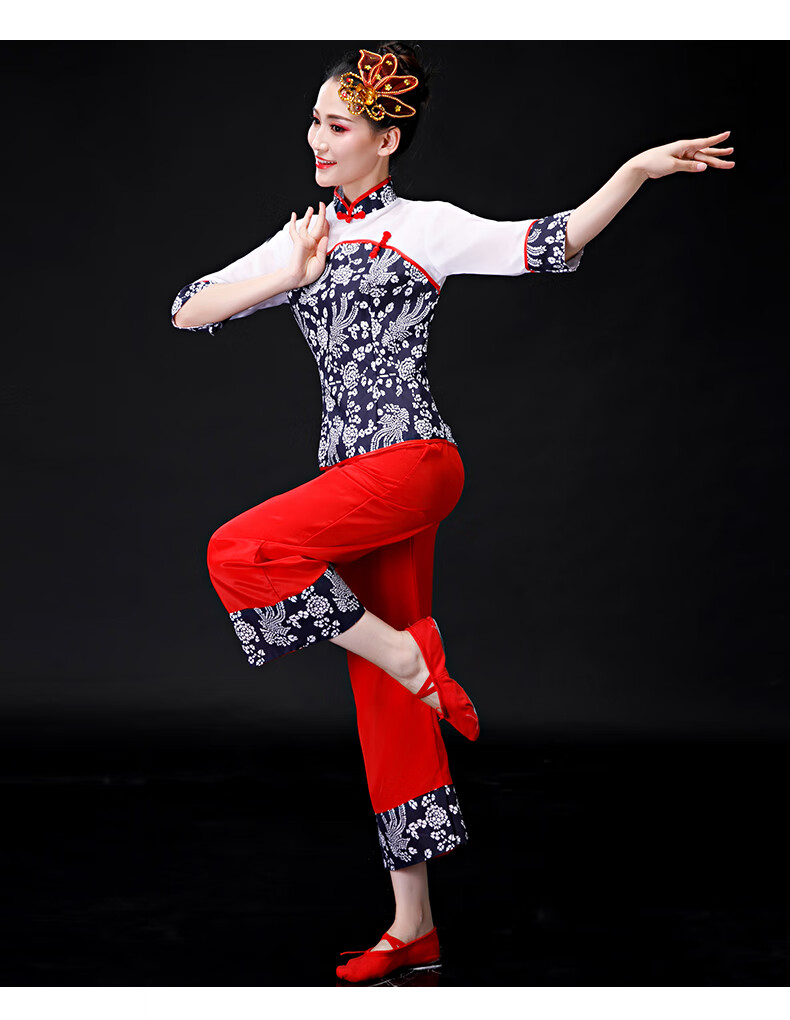 秧歌服演出服女2021新款民族广场舞斗笠腰鼓套装村姑采茶舞蹈服装蓝色