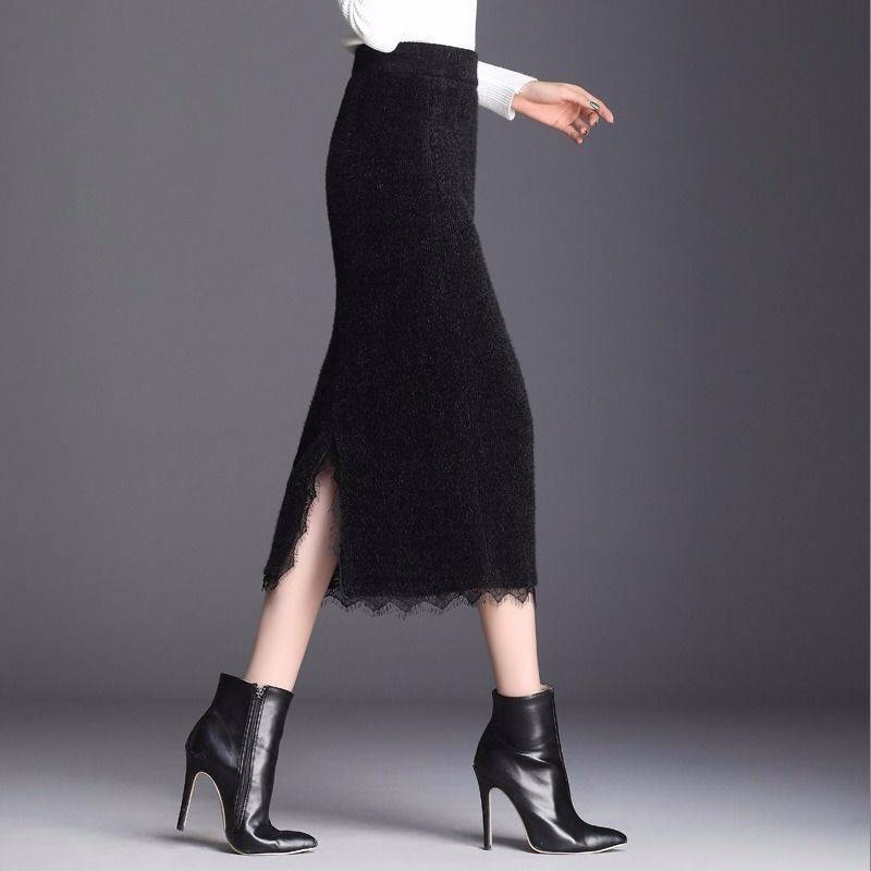 半身裙女秋冬高腰显瘦音符防水半身裙加厚针织秋冬开叉毛线一步长裙子