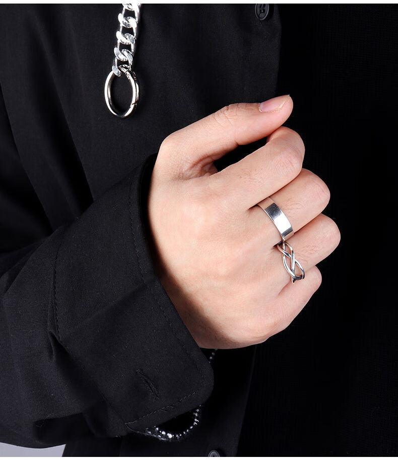 男款ins不掉色个性单身戒韩版学生女冷淡风可调节叶落北山交织链心戒