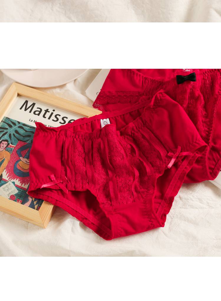 浪莎本命年大红色属虎年日系甜美蕾丝性感包臀中腰三角纯棉内裤结婚