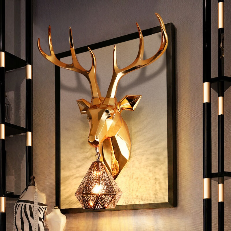 北欧轻奢壁灯客厅背景墙灯现代简约个性创意鹿头灯卧室床头灯7735金色