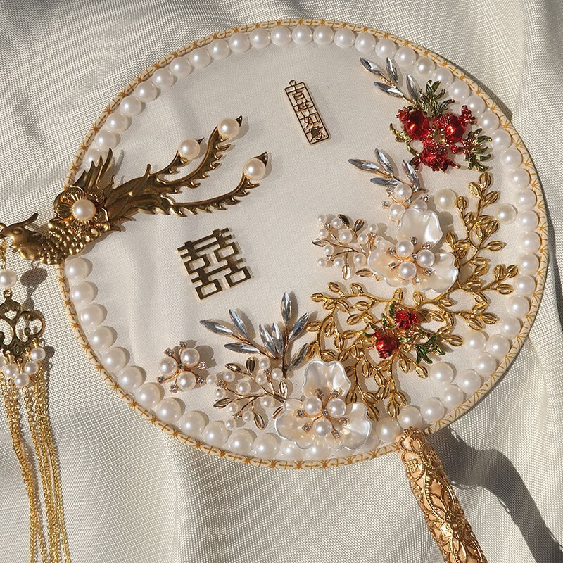 diy材料包古风新娘秀禾团扇结婚古典喜扇梦若琉璃冰蓝色圆扇材料包