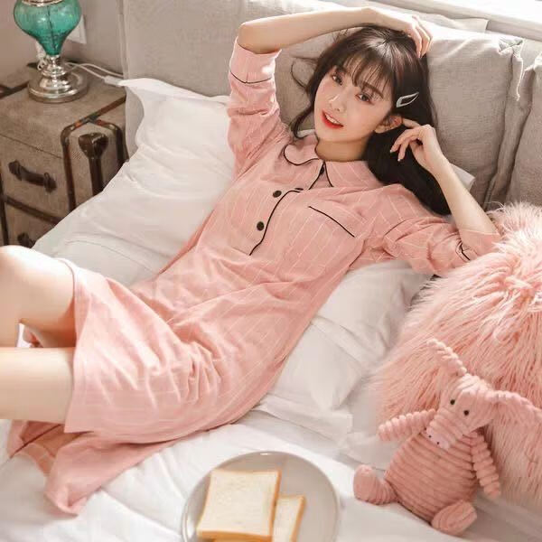 高品质女士睡衣睡裙女秋少女韩版时尚学生可爱休闲长袖连衣裙小翻领可