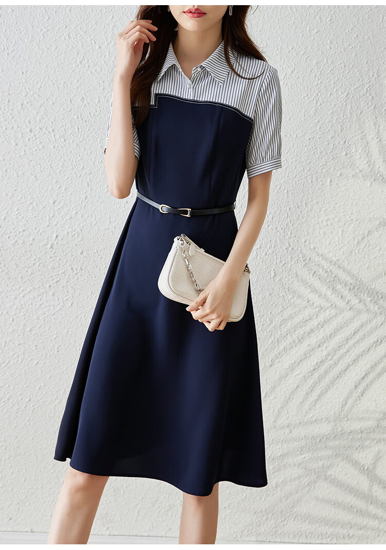 熙世界条纹衬衫领连衣裙女感职场ol收腰假两件裙子2022夏款宝蓝色配
