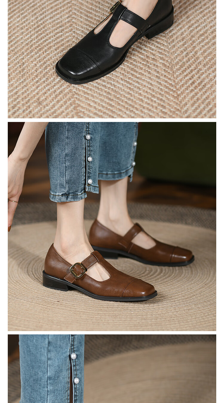 复古丁字鞋女春秋单鞋定制方头单鞋女粗跟复古小众丁字扣带春季中跟