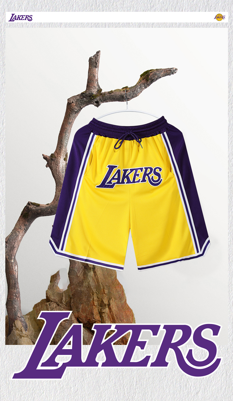 正豹湖人队戴维斯刺绣篮球短裤男夏比赛训练运动美式五分裤湖人黄色空