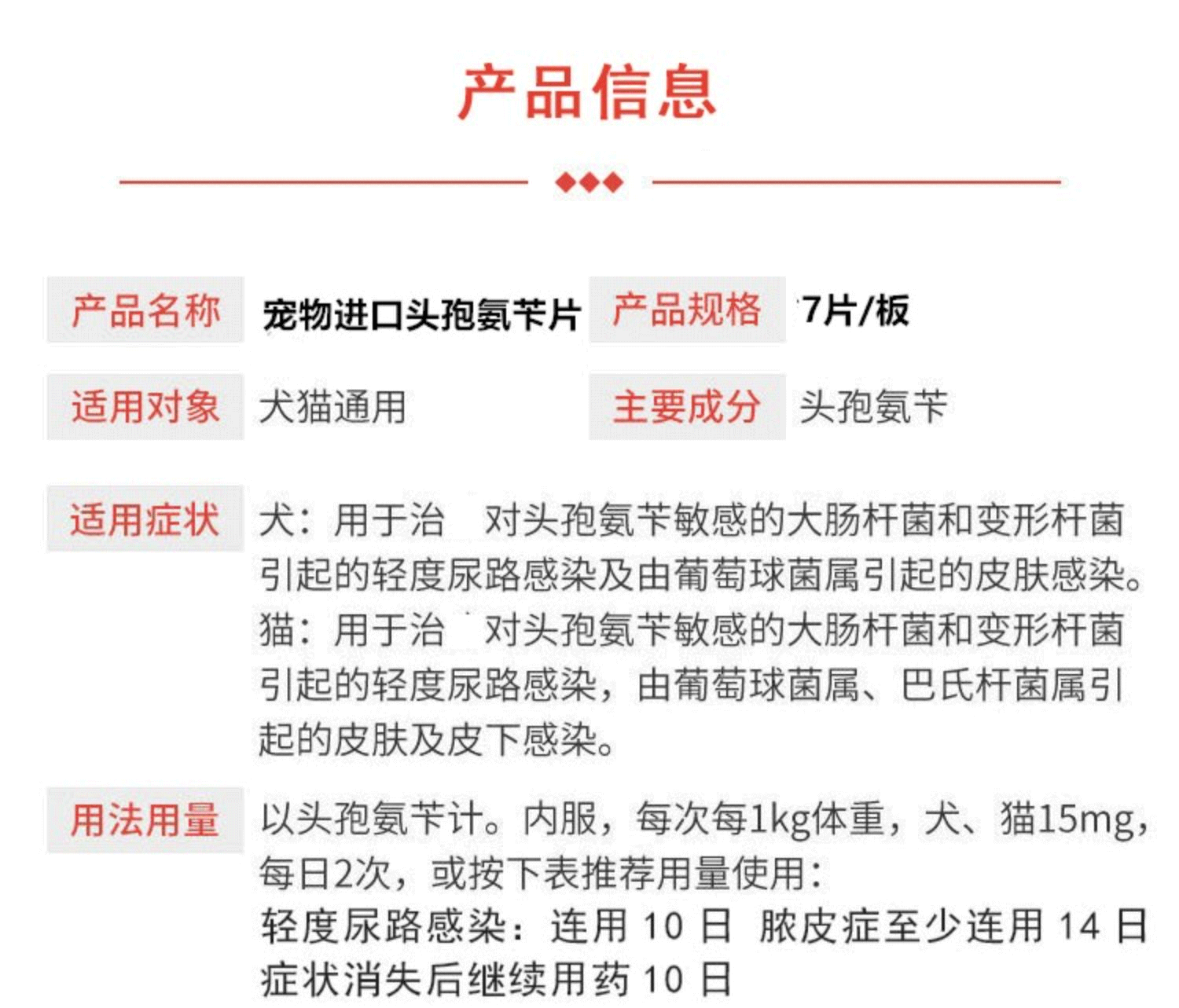 法国进口瑞宠思乐利鲜头孢氨苄片广谱宠物猫咪狗狗脓皮症泌尿皮肤病药