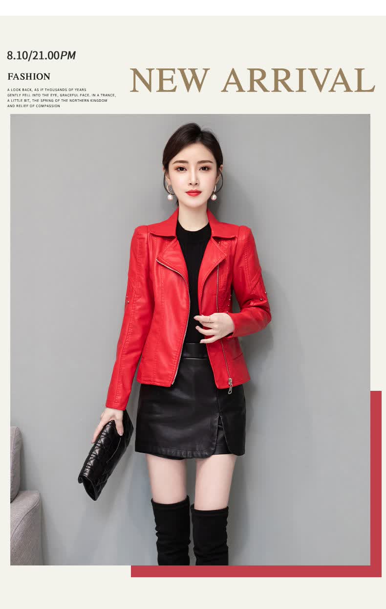 皮衣外套女皮衣皮裤裙时尚两件套2021新款韩版皮衣套装春秋外套女红色