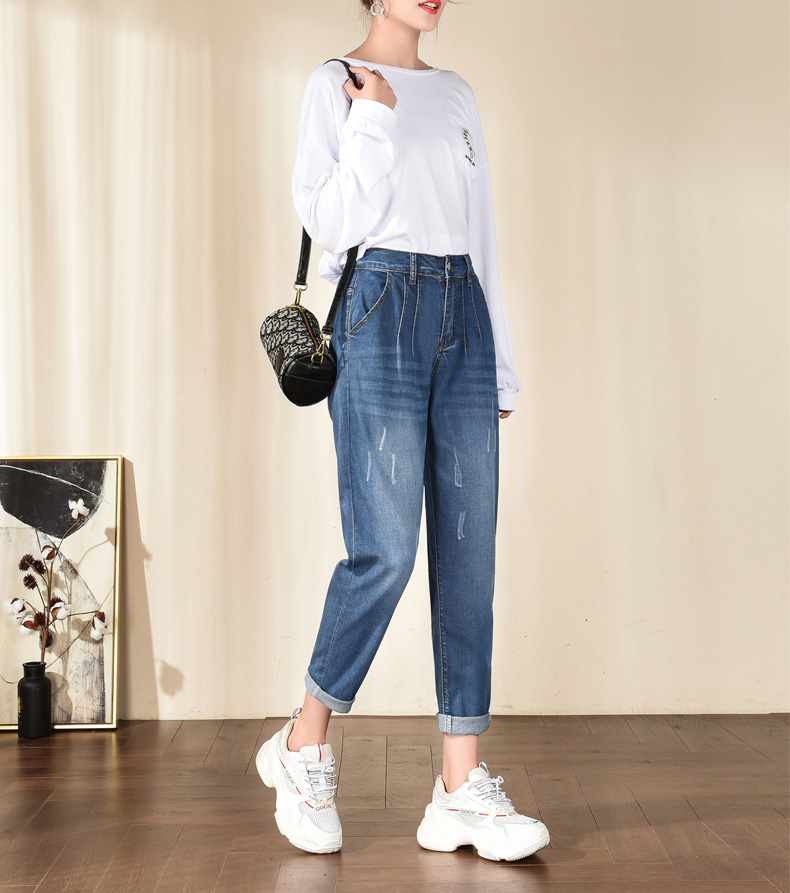 显瘦大码牛仔老爹裤女宽松高腰常规胖mm潮女裤松紧腰加绒裤子直筒夏季