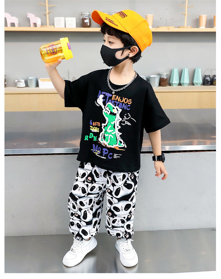 陆质适合夏天小朋友时尚穿搭童装男童夏季短袖套装潮酷时尚可爱小恐龙