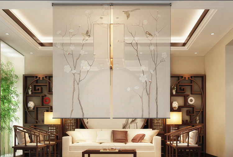 中式隔断悬挂式屏风客厅卧室半透卷帘玄关帘手拉可升降窗帘软隔断