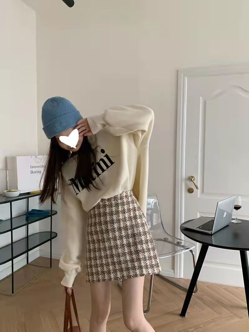 单件套装秋冬季温柔风韩版学生长袖卫衣毛呢格子半身裙潮裙子s