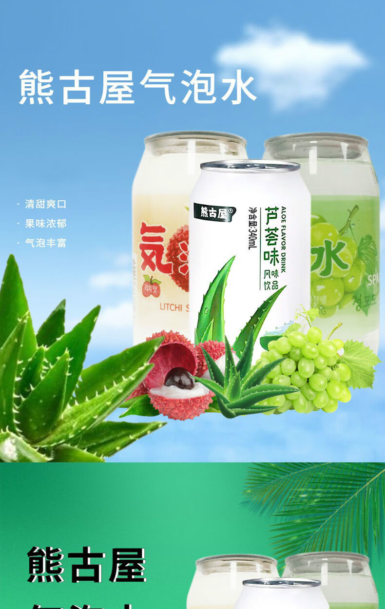韩国原装进口熊古屋气泡水葡萄荔枝芦荟汽水碳酸饮料 荔枝味 3瓶