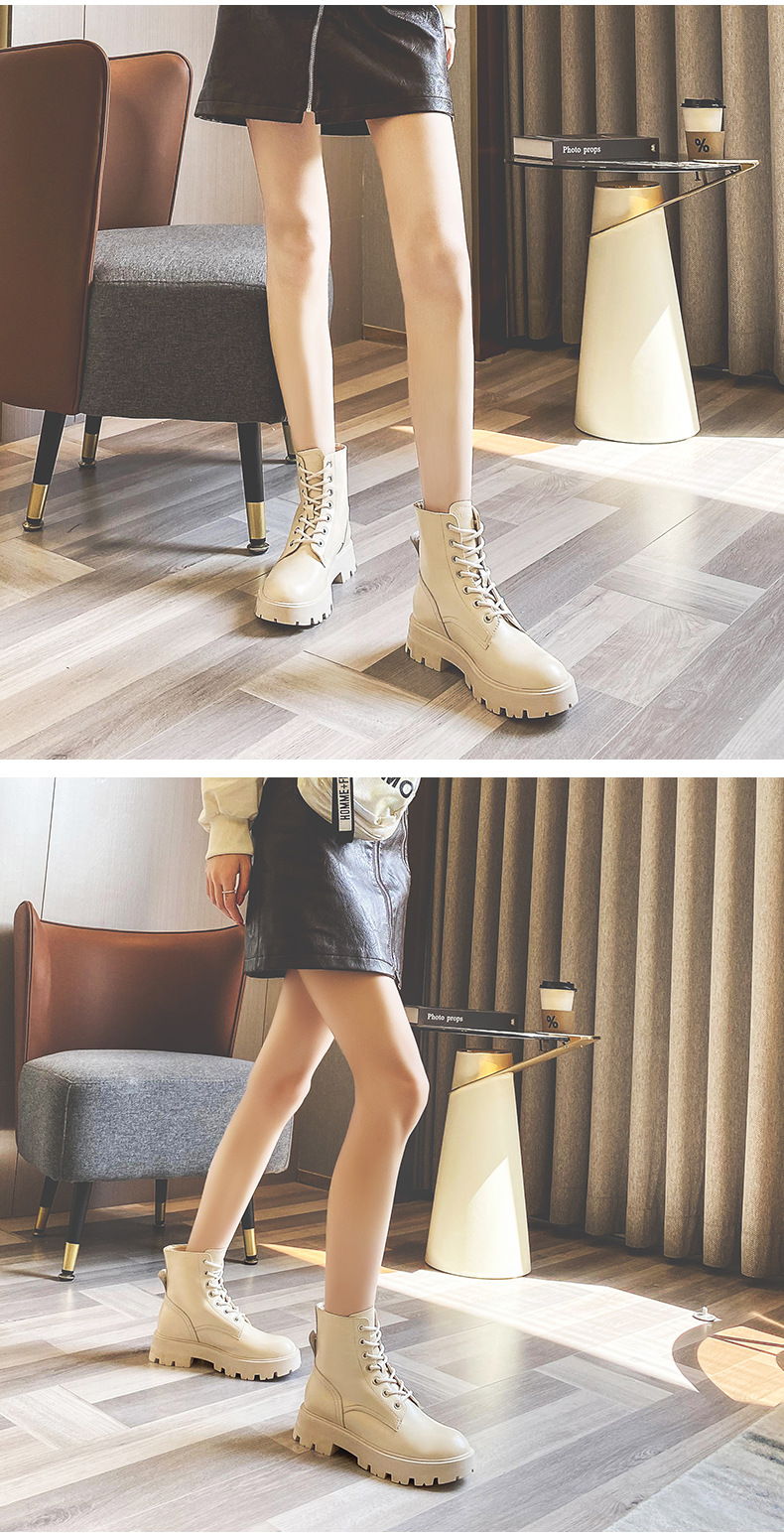 牛皮高帮马丁靴女英伦风系带工装秋季潮流厚底帅气短靴子加绒备注黑色