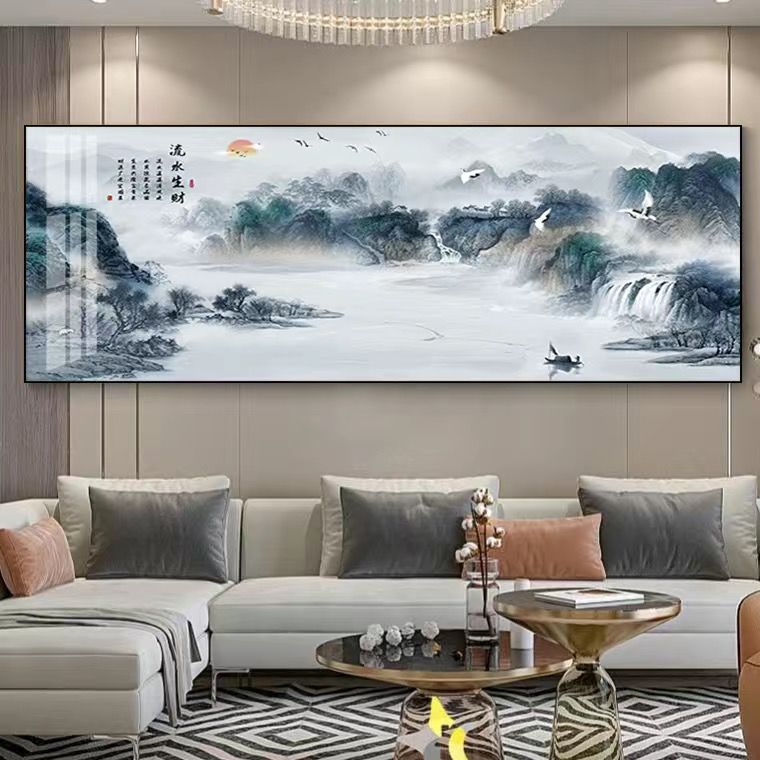 新中式客厅装饰画沙发背景墙挂画风水靠山山水画卧室床头壁画富春山居