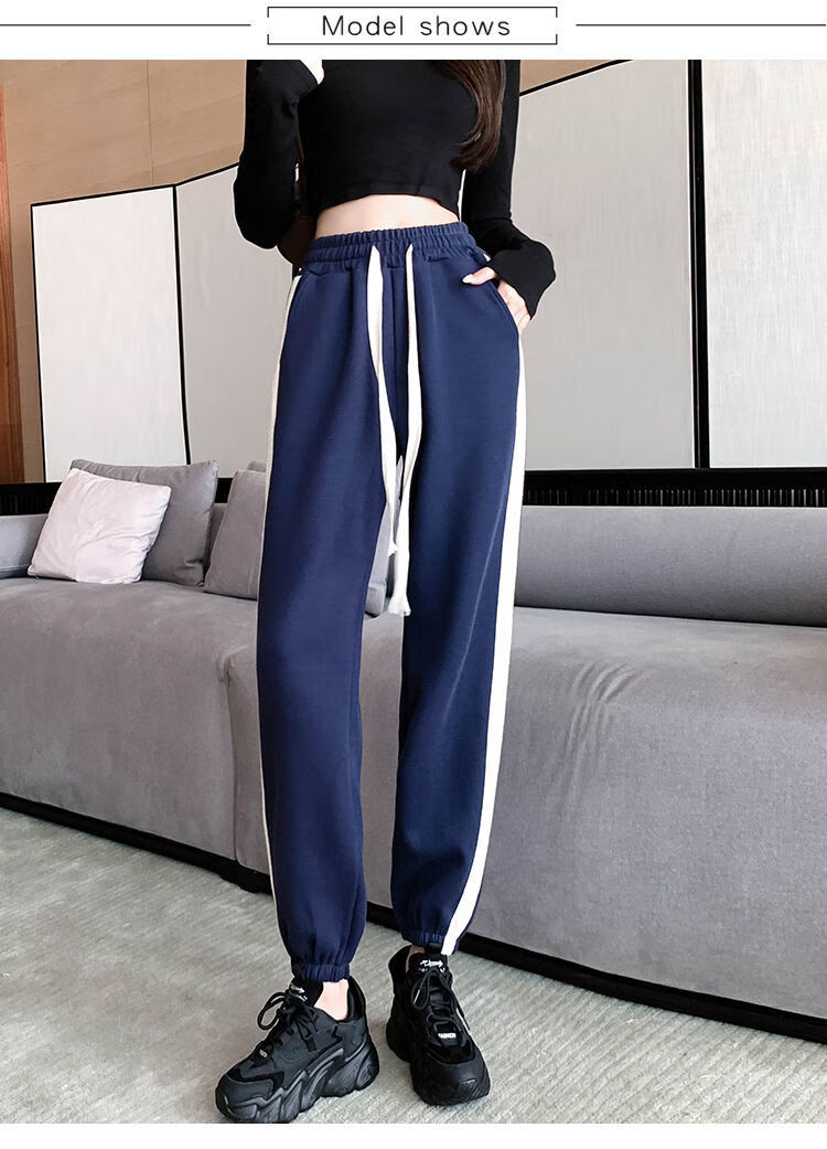 休闲裤女直筒高腰春秋季新款拼色运动裤女韩版宽松显瘦束脚学生纯色