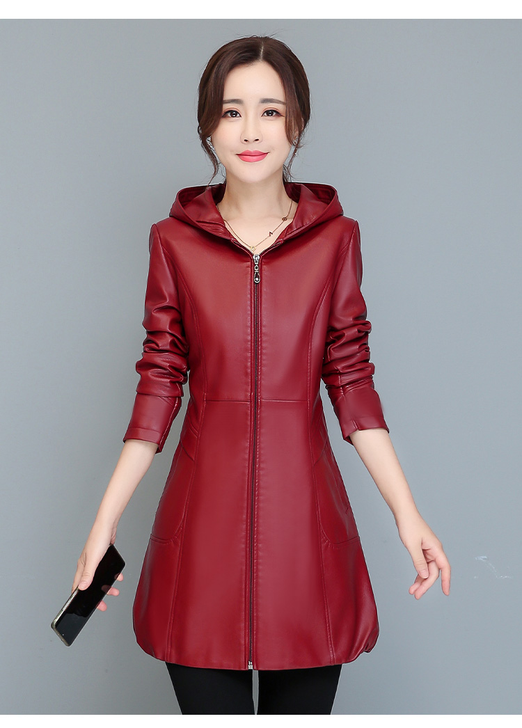 海宁皮革城真皮女装秋季皮衣女中长款皮风衣韩版修身显瘦连帽外套大衣