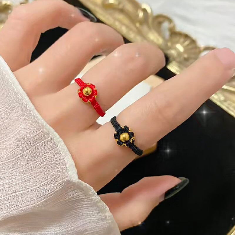 老凤凰一路生花黄金戒指女999足金转运珠本命年红绳编织小红花食指