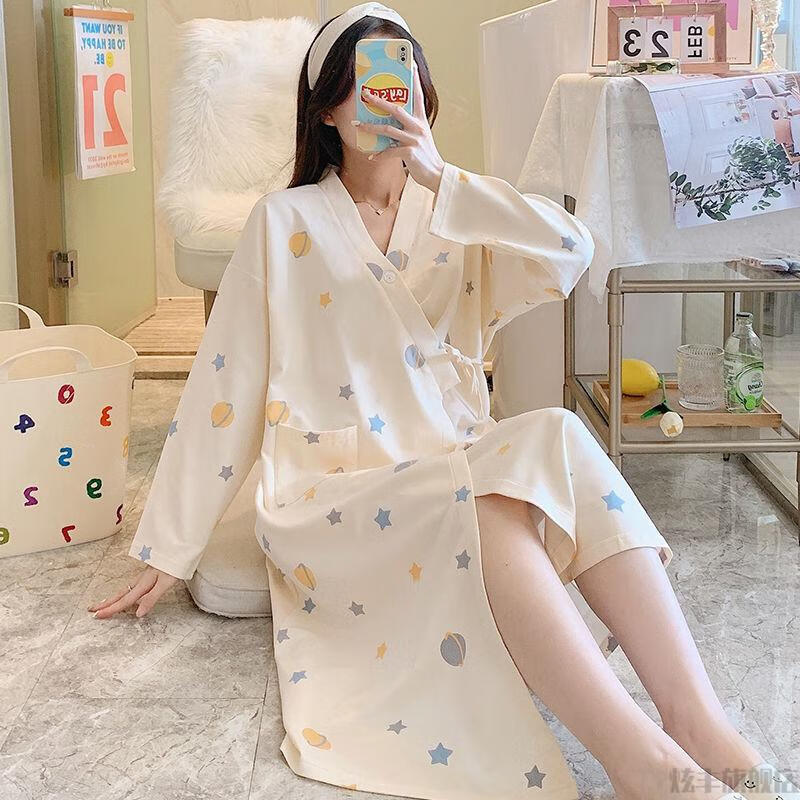 冬秋季长袖睡裙浴衣日式系带睡袍女春秋性感中长款浴袍 草莓和服睡袍